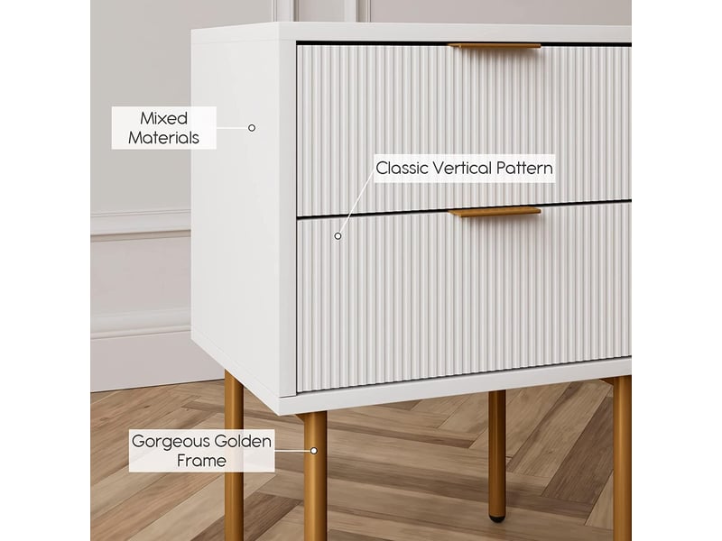  Table de chevet moderne à 2 tiroirs rainurés – rangement compact – pieds métal doré – idéale pour chambre, salon, entrée PHO_0ZGPVKE5 - Conforama B