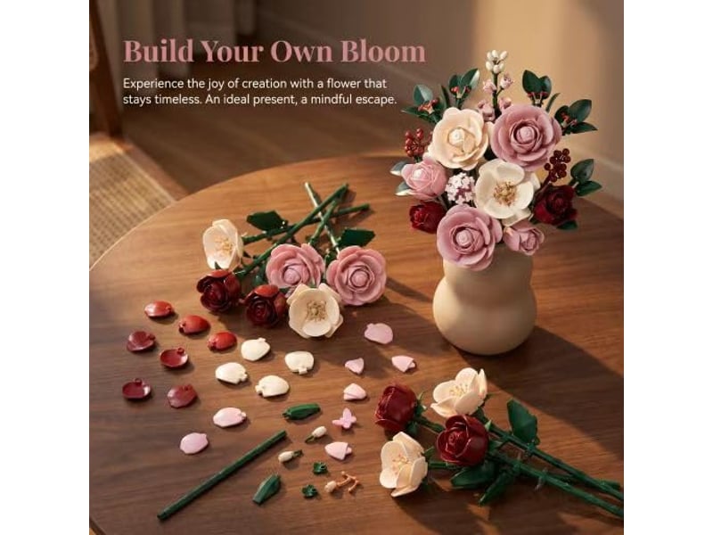  Set de construction bouquet de roses rose et lune – collection botanique, briques fleurs artificielles, déco maison et bureau  - Conforama B