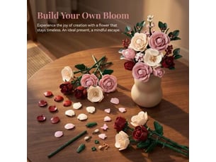 Set de construction bouquet de roses rose et lune – collection botanique, briques fleurs artificielles, déco maison et bureau