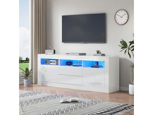 Meuble tv blanc brillant 160cm - leds synchronisées musique + app control - gestion câbles intégrée - tiroirs poussoir sans poignée
