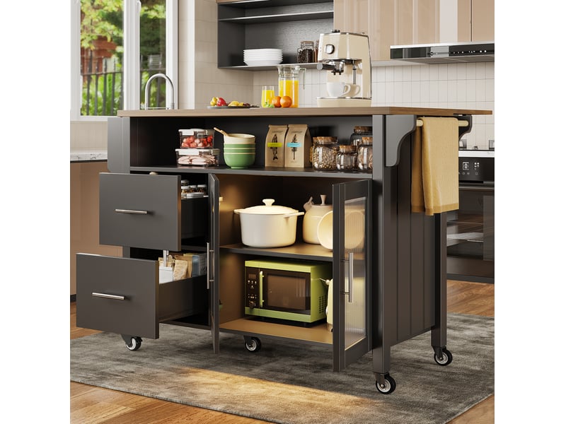  Desserte de cuisine 139 x 40 x 94,5 cm noire en mdf, plateau pliant, rangement sur roulettes avec led  - Conforama B