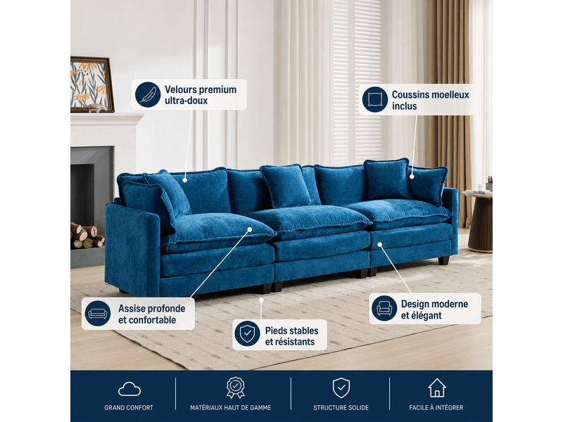 Canapé droit 3 places cloud en tissu chenille bleu avec coussins double couche - Conforama D