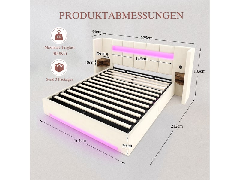  Cadre de lit 160 x 200 cm beige en velours avec rangement hydraulique, led et ports usb  - Conforama E