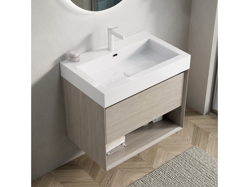  Meuble sous vasque suspendu avec vasque intégrée et tiroir - lpospi - résine et contreplaqué, chêne clair - 70 cm  - Conforama B