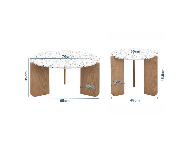  Ensemble de tables bassse modernes 2 pièces, tables gigognes rondes pour salon - structure en mdf solide - blanc + bois - 70x70x35 + 50x50x45,5 cm  - Conforama E