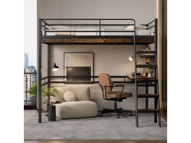  Lit mezzanine enfant 90 x 200 cm avec bureau, étagères et échelle, noir  - Conforama B