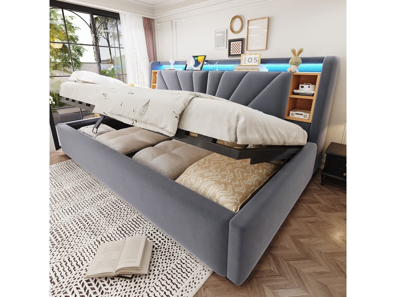  Lit coffre rembourré 90 x 200 cm – avec étagères – avec espaces de rangement – ​​avec éclairage led et port usb – gris foncé (matelas non inclus)  - Conforama E