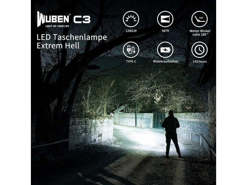  C3 lampe torche led rechargeable, 1200 lumens lampe de poche puissante, ip68 étanche lampe tactique  - Conforama B