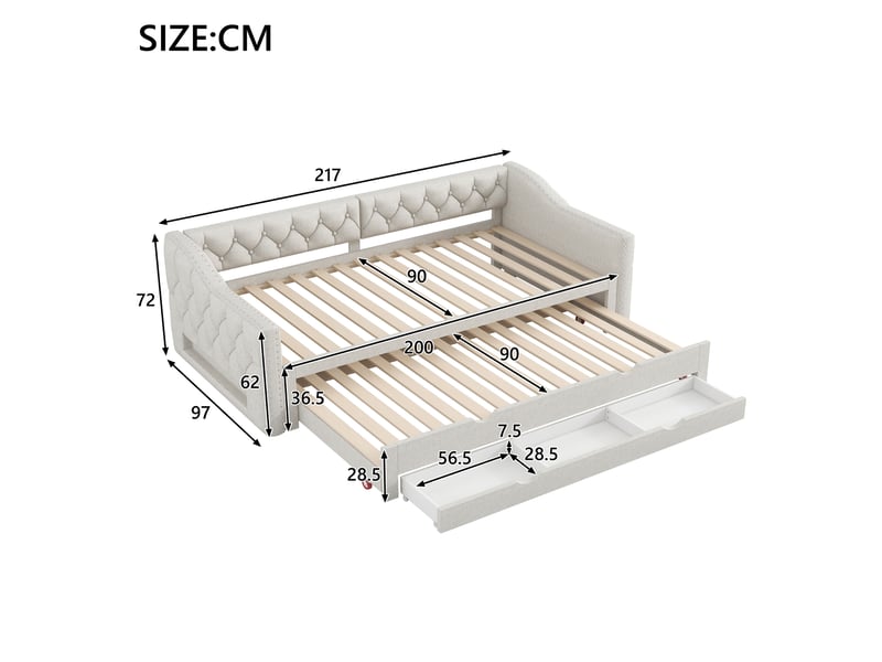  Lit gigogne rembourré 90x200 cm coloris beige led lin lit enfant beige - Conforama C