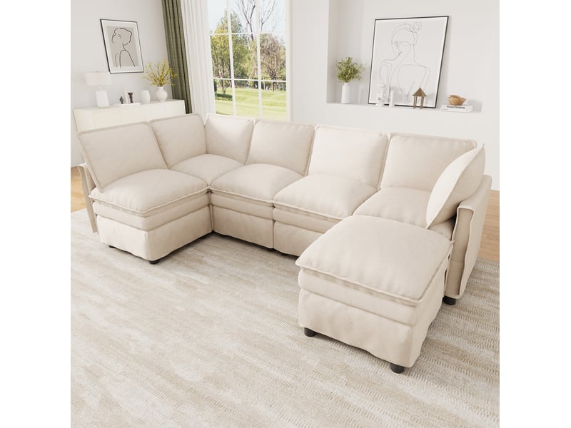  Canapé modulable 344x127x91 cm 6 places avec fonction couchage, beige  - Conforama D