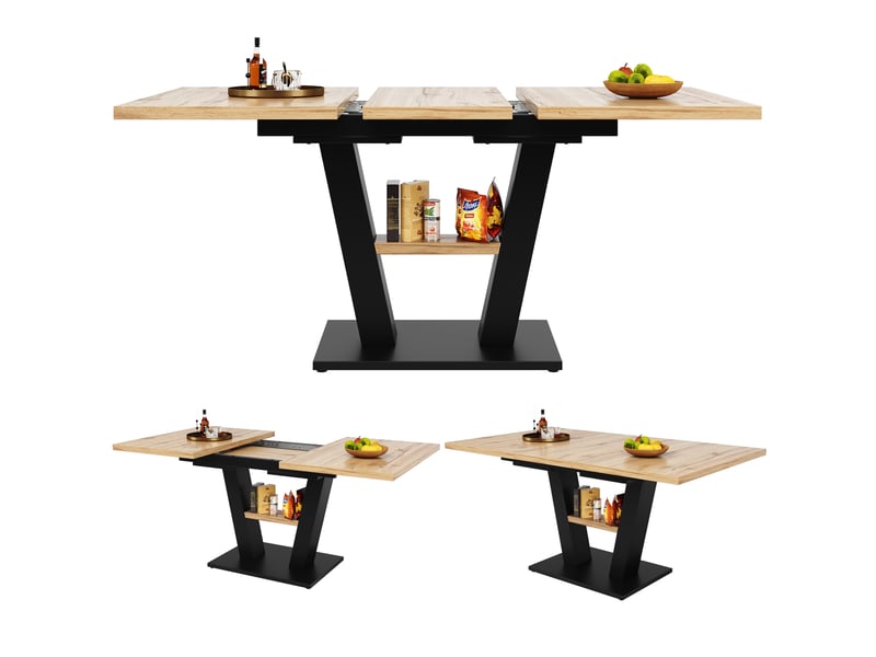 Table à manger extensible 118-157x70x75 cm, avec 1 étagère, table de cuisine-salon, mdf, noir et naturel - Conforama A