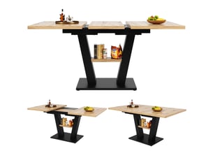 Table à manger extensible 118-157x70x75 cm, avec 1 étagère, table de cuisine-salon, mdf, noir et naturel
