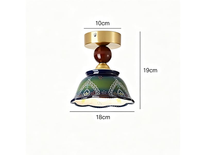  Plafonnier en céramique vert forêt, style bohème rétro, abat-jour floral, e27, lumière chaude  - Conforama C
