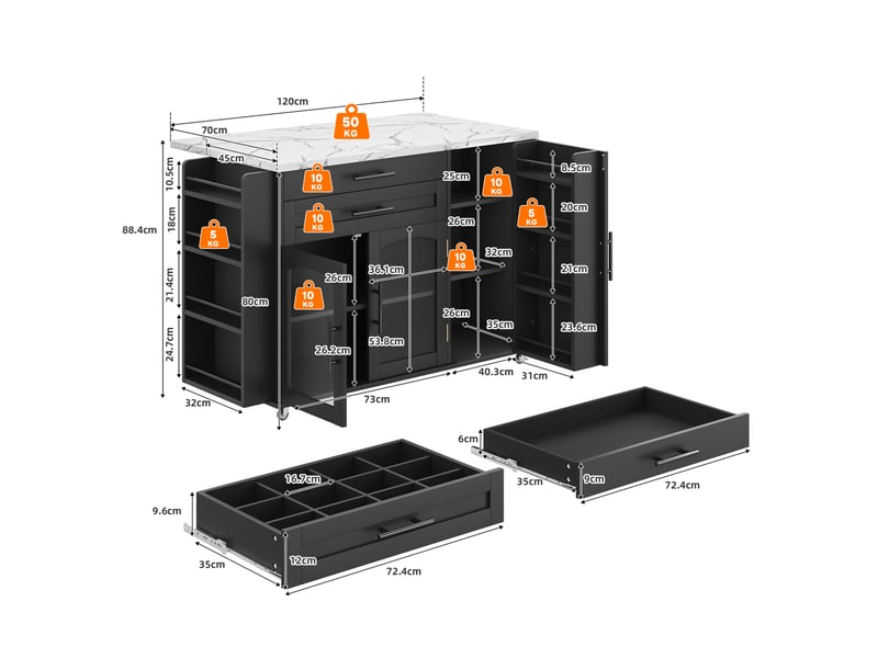  Îlot de cuisine mobile avec plan de travail pliant, chariot de cuisine, 5 roues, multiples solutions de rangement, etagère à épices, tiroir à couverts, 120 x 45 (70) x 90 cm  - Conforama C