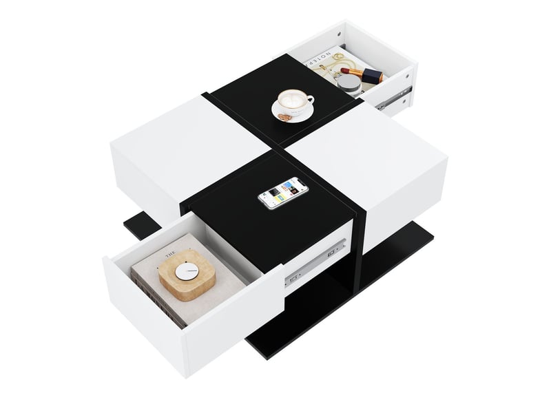  Table basse 70x70, design moderne noir et blanc table basse salon, rangement intégré 2 tiroirs, système coulissant silencieux  - Conforama E