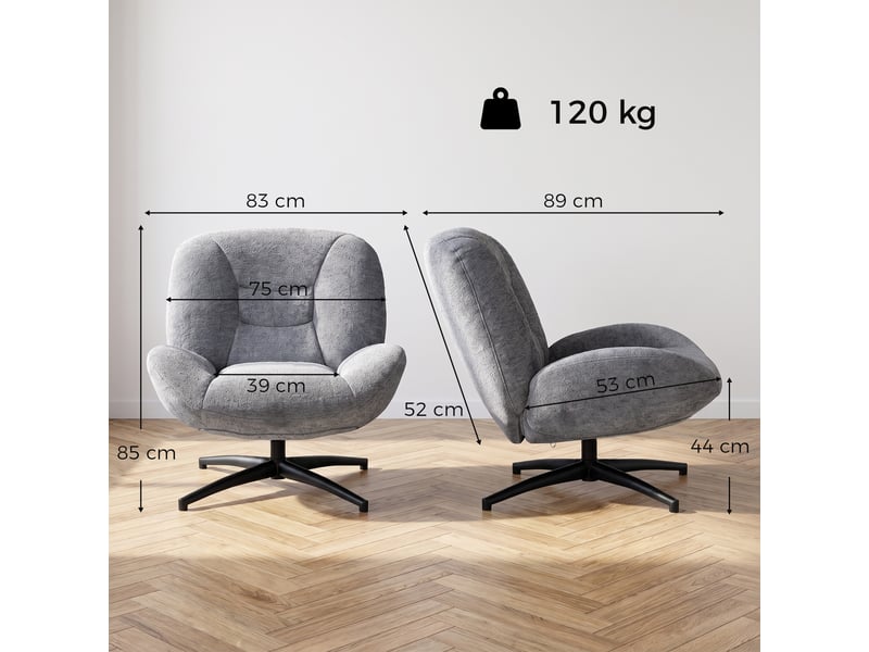 Fauteuil pivotant en tissu chenille gris foncé 89 x 83 x 85 cm  - Conforama C