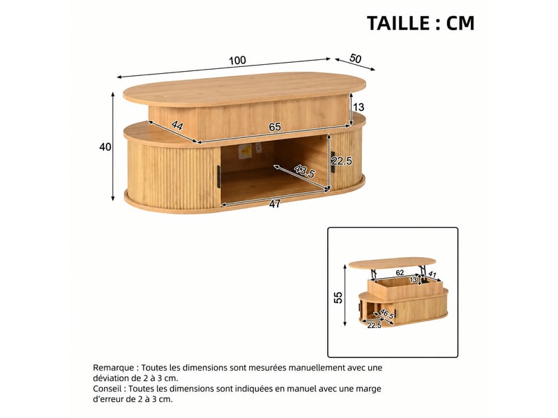  Table basse relevable ovale avec grand espace de rangement et portes coulissantes, 100x50x40 cm, bois clair  - Conforama C