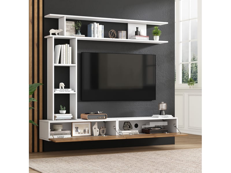 Meuble tv avec 2 portes abattantes et rangements ouverts, à poser ou suspendre, blanc et chêne, 180 × 35 × 22,5 cm - Conforama C
