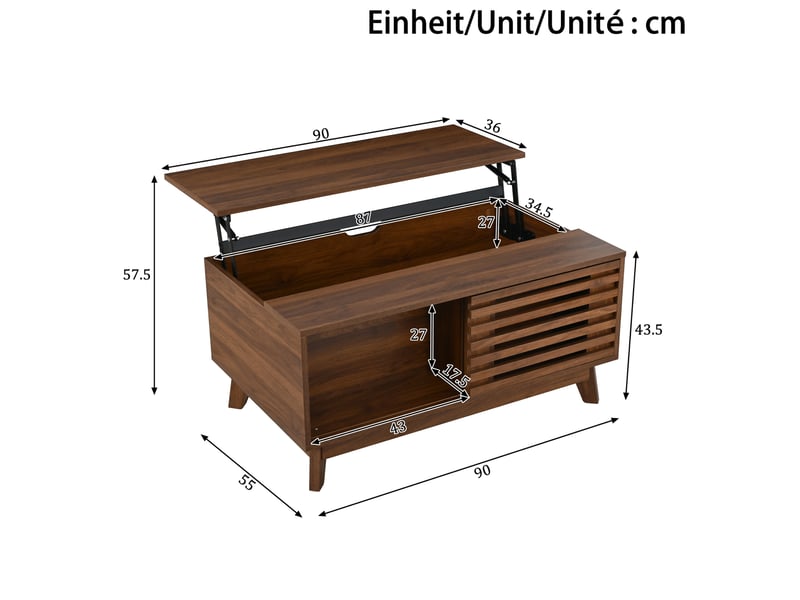  Table basse 90x55x57.5 cm plateau relevable extensible, porte à lamelles coulissante en mdf coloris noyer  - Conforama E