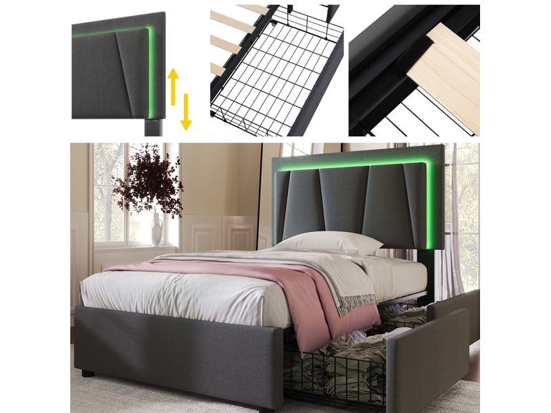  Lit enfant 90x200 cm – gris – led, tête de lit réglable, 2 tiroirs de rangement et matelas inclus  - Conforama E