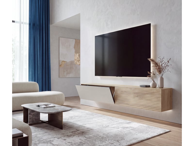 Meuble tv hwc-q84, meuble tv bas, fixation murale, compartiments rabattables, structure 3d, mdf mélaminé, 30 x 160 x 30 cm - aspect chêne - Conforama B