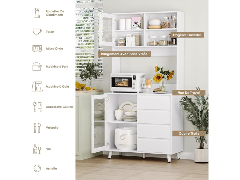  Armoire cuisine 190cm, buffet vaisselier haut avec portes vitrées  - Conforama D