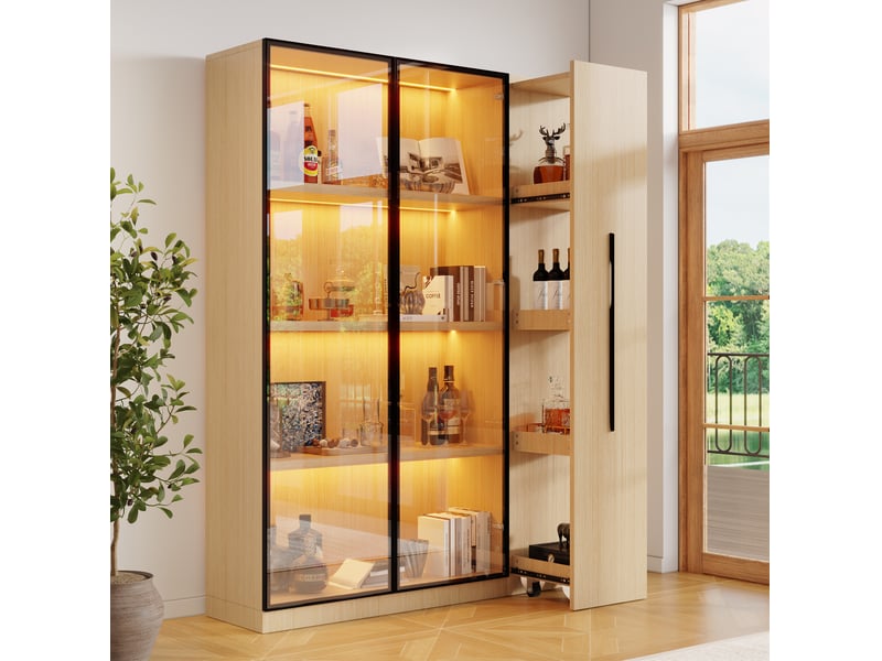  Bibliothèque vitrine avec led et rangement latéral, portes vitrées, style moderne pour salon, en mdf, chêne clair  - Conforama B