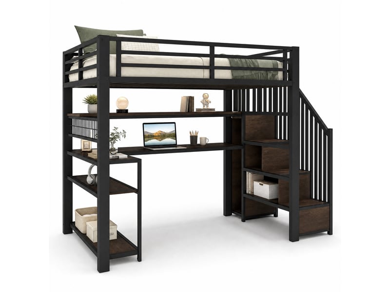  Lit mezzanine 90x200 cm avec bureau, armoire, rangements et led, noir  - Conforama A
