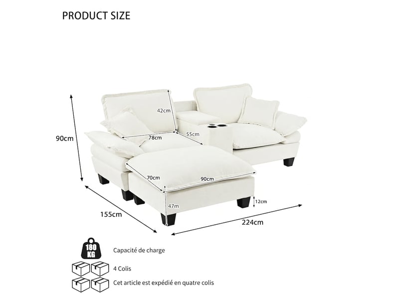  Canapé d'angle modulable beige avec pouf, ports usb et rangement - tissu chenille 224x151x90 cm  - Conforama C