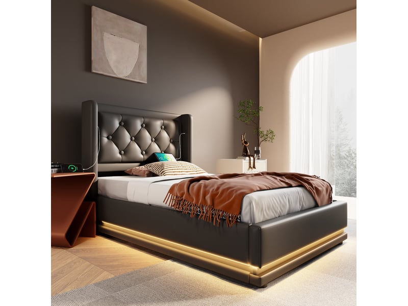 Lit coffre 90 × 200 cm 1 place avec led réglable, usb et type-c, matelas inclus, rembourré en pu noir  - Conforama C