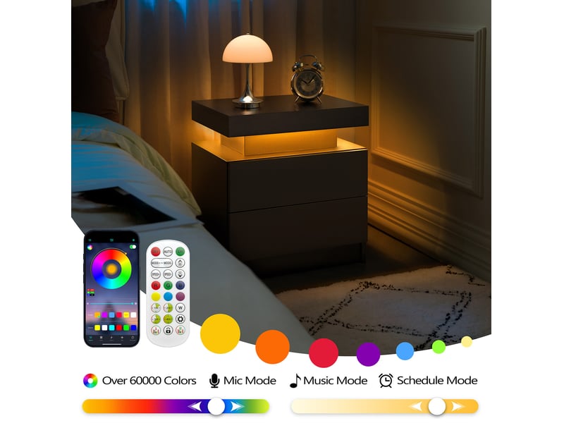  Table de chevet led moderne noire – 2 tiroirs et niche ouverte – 50 x 53 x 36 cm  - Conforama E