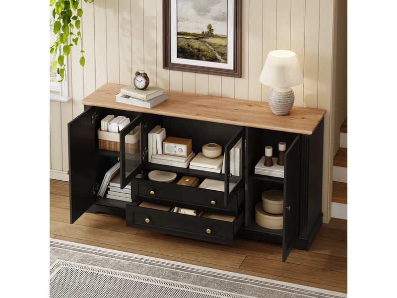  Commode à 4 portes et 2 tiroirs, 160 x 40 x 80,5 cm, caisson mdf avec façades en verre, poignées métalliques et led, noir  - Conforama D