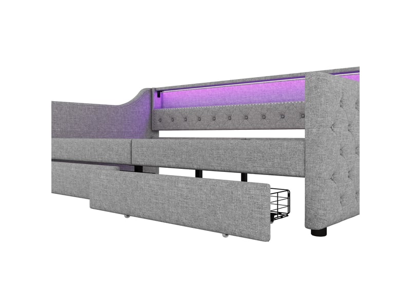  Lit banquette 90x200 gris en lin avec 2 tiroirs et éclairage led  - Conforama R