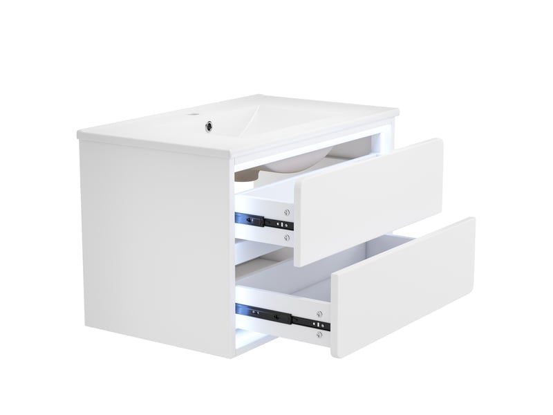 Meuble vasque mural salle de bain blanc 76 cm avec lavabo intégré, led capteur radar et 2 tiroirs silencieux - Conforama D