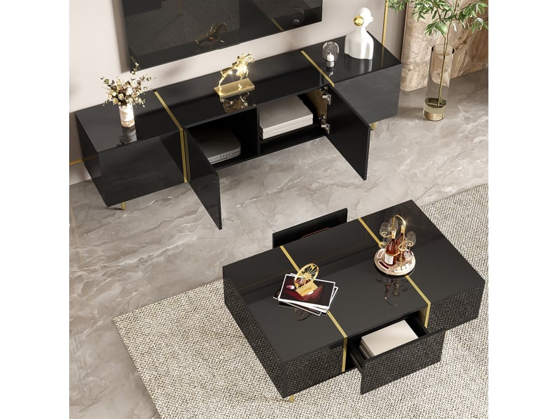  Ensemble meuble tv 170x35x46 cm et table basse 100x60x41,5 cm, 4 portes, 2 tiroirs, mdf, noir brillant  - Conforama E