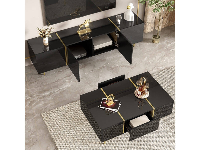  Ensemble meuble tv 170x35x46 cm et table basse 100x60x41,5 cm, 4 portes, 2 tiroirs, mdf, noir brillant  - Conforama E
