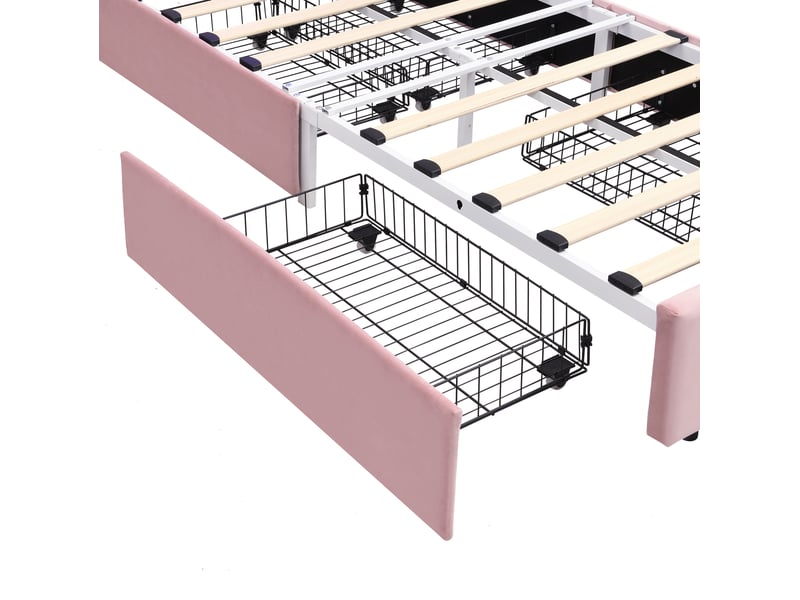 Lit enfant 90x200 cm en velours rose, 4 tiroirs, tête de lit avec rangement ouvert et led pilotable, sans matelas - Conforama D