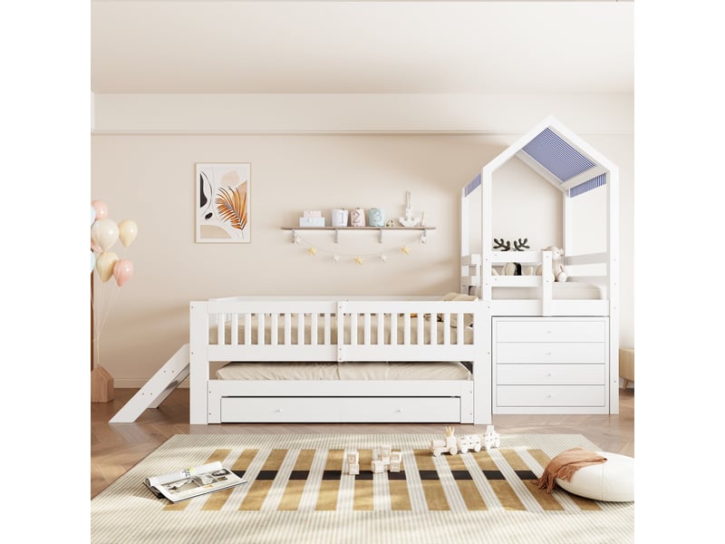 Lit gigogne 90x190 cm - lit cabane enfant 90x200 cm - 4 tiroirs, escalier et toit en tissu - bois massif blanc - Conforama B