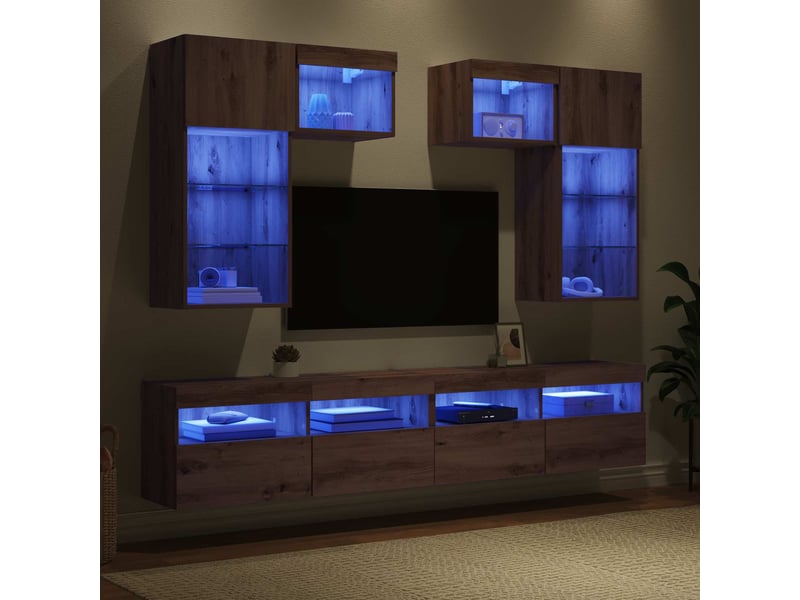  Lot de 6 meuble tv mural, meuble tv suspendu bois ancien bois d'ingénierie  - Conforama E