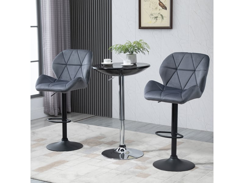  Ensemble 2 tabourets bar pivotants réglables, métal, velours, dossier, repose-pieds, 51,5x57,5x93-114,5 cm, gris.  - Conforama C