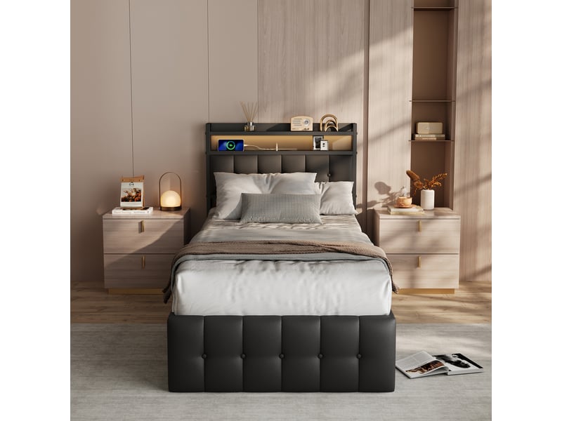  Lit simple rembourré 90 x 200 cm avec espace de rangement, lumière led et port usb, noir  - Conforama D