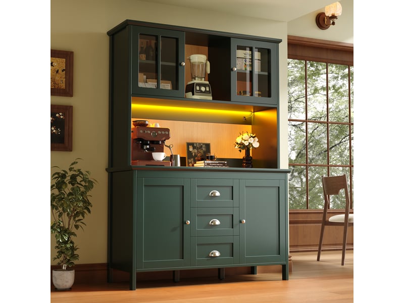 Armoire de cuisine verte buffet haut 120 cm avec portes en verre marron et éclairage led - Conforama R