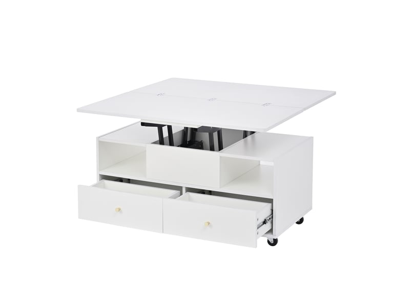 Table basse réglable en hauteur avec fonction pliante et 4 tiroirs, 100 x 50 x 47,5 cm, une grande et une petite table à levage hydraulique, table de salon mobile avec roulettes universelles, table d'appoint, blanche - Conforama E