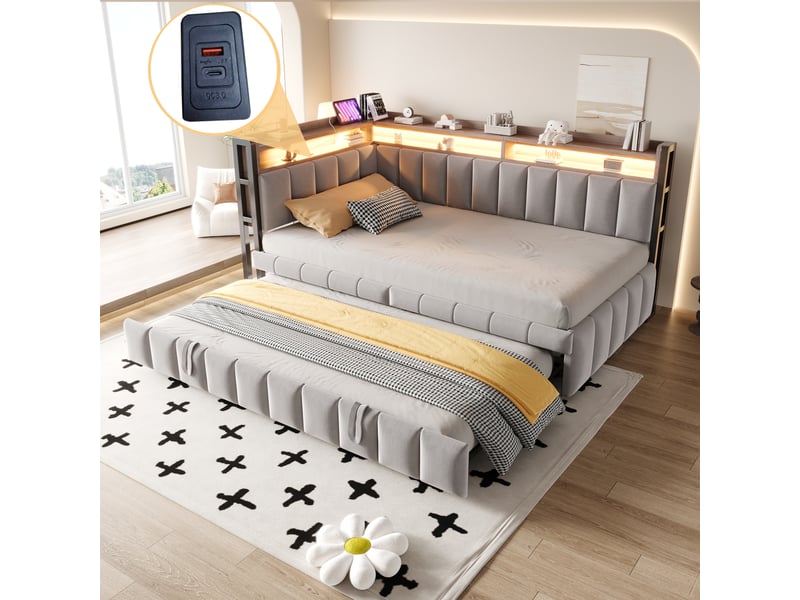  Canapé-lit convertible 90x200 cm, lit gigogne escamotable, led et ports usb-c, rangements, velours gris clair, sans matelas  - Conforama E