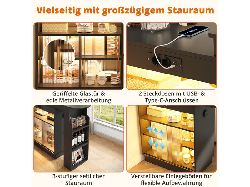 Table de bar extensible avec rangement et prises - lpospi - éclairage led, mdf noir, 131–170 × 40 × 170 cm - Conforama E