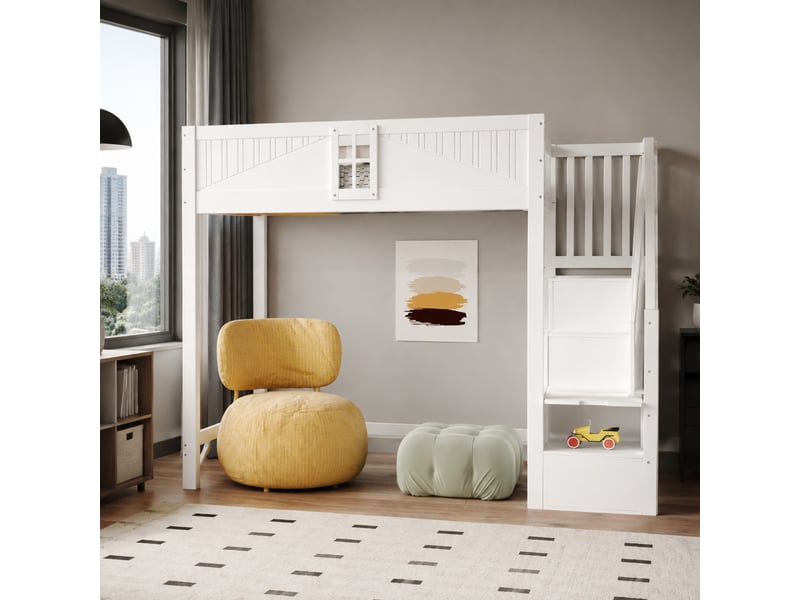  Lit mezzanine en bois blanc, lit simple 90x200 cm avec échelle réversible, rangements et garde-corps  - Conforama B