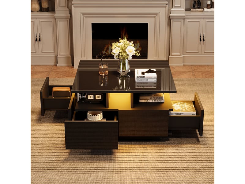  Table basse carrée noire avec led 4 tiroirs 70x70x40 cm - haute brillance 3 niveaux  - Conforama R