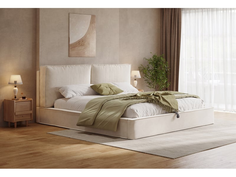 Lit coffre 180x200 cm – lit fonctionnel hydraulique avec sommier, tête de lit et matelas – en chenille beige  - Conforama D