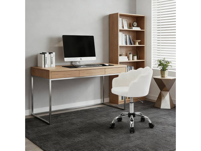 Chaise de bureau fleur avec hauteur réglable et roulettes en tissu cachemire, crème blanc - Conforama D