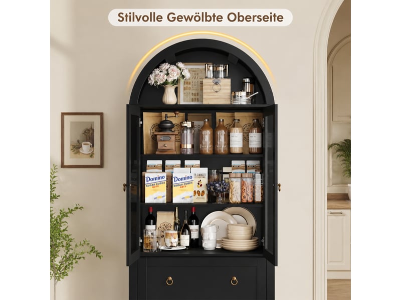 Buffet haut noir 80 × 36 × 170 cm, façade cintrée, portes vitrées, étagères réglables, dispositif anti-basculement - Conforama D